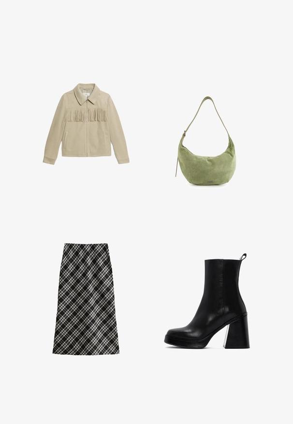 Beżowa suknia z zamszu z kołnierzem, zamkiem z przodu, dwoma kieszeniami po bokach i frędzlami na wysokości klatki piersiowej. Gładka faktura na całej powierzchni.; Biała bluzka z długim rękawem z okrągłym dekoltem, wykonana z miękkiego materiału, z minimalnymi detalami szycia i luźnym krojem.; Czarna i biała spódnica w kratę, średniej długości, w kształcie litery A, z teksturowanej tkaniny, z krzyżującymi się liniami oraz geometrycznymi wzorami.; Derimod - Ankle boot; Zielona torba hobo zamszowa o zaokrąglonym kształcie, z regulowanym paskiem i subtelnym połyskiem. Ma mały detal z logo z przodu.