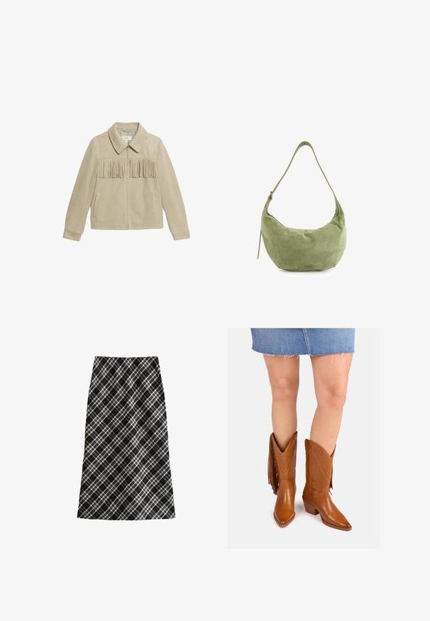 Beżowa suknia z zamszu z kołnierzem, zamkiem z przodu, dwoma kieszeniami po bokach i frędzlami na wysokości klatki piersiowej. Gładka faktura na całej powierzchni.; Biała bluzka z długim rękawem z okrągłym dekoltem, wykonana z miękkiego materiału, z minimalnymi detalami szycia i luźnym krojem.; Czarna i biała spódnica w kratę, średniej długości, w kształcie litery A, z teksturowanej tkaniny, z krzyżującymi się liniami oraz geometrycznymi wzorami.; Brązowe skórzane kowbojskie buty z wydłużonymi noskami, ozdobnym przeszyciem i bocznymi frędzlami, z podwyższoną piętą dla dodatkowej wysokości.; Zielona torba hobo zamszowa o zaokrąglonym kształcie, z regulowanym paskiem i subtelnym połyskiem. Ma mały detal z logo z przodu.
