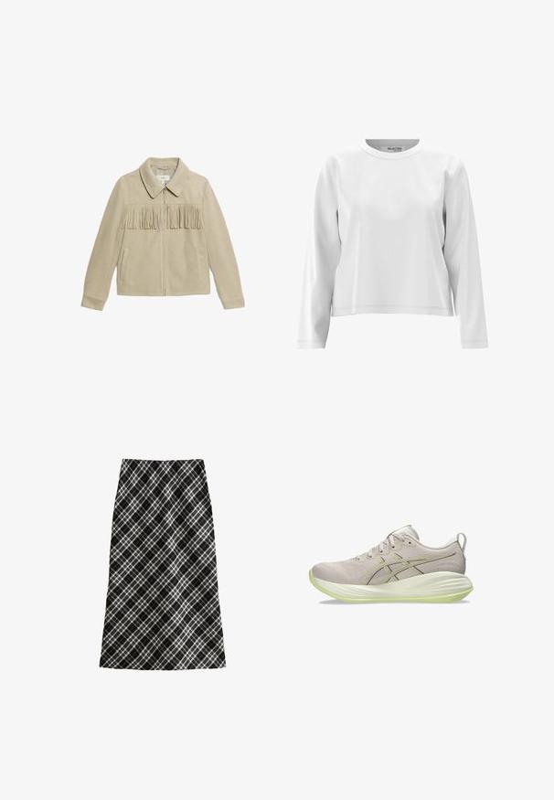 Beige suède jas met een kraag, een ritssluiting aan de voorkant, twee zijzakken en een franje-detail op de borst. Overal een gladde textuur.; Witte blouse met lange mouwen en een ronde halslijn, gemaakt van zachte stof, met minimale stikseldetails en een ontspannen pasvorm.; Zwart-witte geruite rok, half lang, A-lijn silhouet, gestructureerde stof, met kruislijnen en geometrische patronen door het geheel.; Lichtgrijze sportschoen met een gladde textiele bovenkant, geel-groene accenten, gestructureerde zool en een traditioneel vetersysteem.