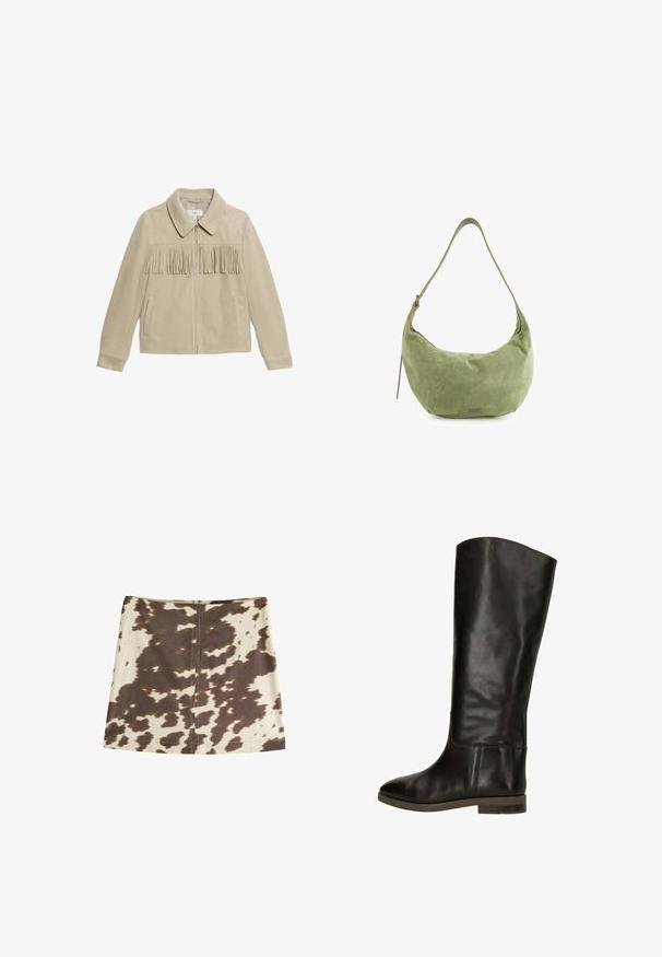 Veste en daim beige avec un col, fermeture éclair à l'avant, deux poches latérales et un détail à franges sur la poitrine. Texture lisse sur l'ensemble.; Haut à manches longues blanc avec un col rond, fabriqué dans un tissu doux, présentant des détails de couture minimalistes et une coupe décontractée.; Mini-jupe en imprimé vachette beige et marron. Dotée d'une fermeture éclair dissimulée au dos, d'une texture de tissu lisse et d'une coupe droite en A.; Botte en cuir marron jusqu'au genou avec une finition lisse, à bout rond et un petit talon bloc. Présente un détail de couture subtil le long du côté.; Sac hobo en daim vert avec une forme courbée, une bandoulière ajustable et un éclat subtil. Présente un petit logo sur le devant.