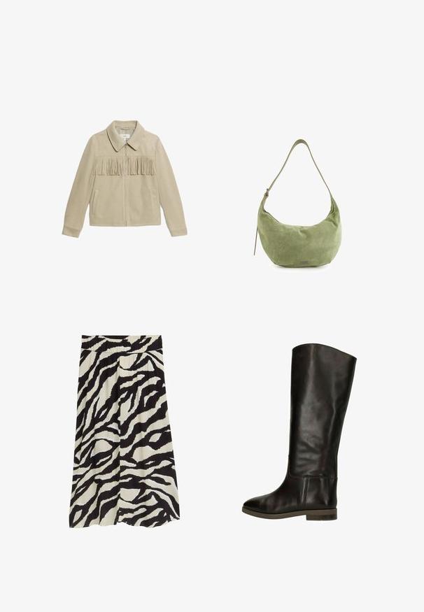 Beige suede jacket with a collar, front zipper, two side pockets, and a fringe detail across the chest. Smooth texture throughout.; White long-sleeve top with a round neckline, made from soft fabric, featuring minimal stitching details and a relaxed fit.; Black and cream skirt featuring a zebra-striped pattern, pleated design, elastic waistband, and a flowy silhouette.; Brown leather knee-high boot with a smooth finish, round toe, and a low block heel. Features a subtle seam detail along the side.; Green suede hobo bag with a curved shape, adjustable strap, and subtle sheen. Features a small logo detail on the front.