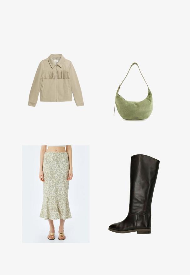 Veste en daim beige avec un col, fermeture éclair à l'avant, deux poches latérales et un détail à franges sur la poitrine. Texture lisse sur l'ensemble.; Haut à manches longues blanc avec un col rond, fabriqué dans un tissu doux, présentant des détails de couture minimalistes et une coupe décontractée.; Koton MIDI - Jupe trapèze - green; Botte en cuir marron jusqu'au genou avec une finition lisse, à bout rond et un petit talon bloc. Présente un détail de couture subtil le long du côté.; Sac hobo en daim vert avec une forme courbée, une bandoulière ajustable et un éclat subtil. Présente un petit logo sur le devant.