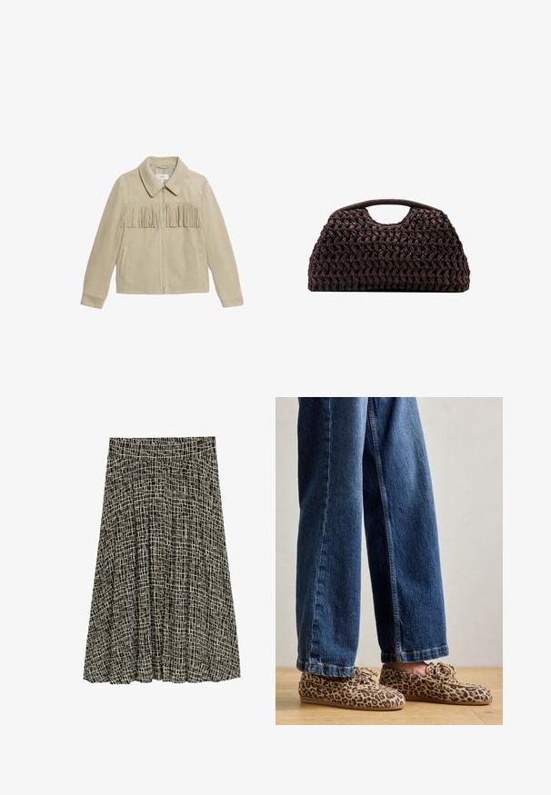 Beige Wildlederjacke mit Kragen, Frontreißverschluss, zwei Seitentaschen und einer Fransenverzierung über der Brust. Glatte Textur insgesamt.; Beige und schwarzes gestreiftes Rippen-Top mit Rundhalsausschnitt, kombiniert mit einem figurbetonten schwarzen Lederrock mit Frontreißverschluss und Gürteldetails.; TOM TAILOR Maxirock - abstract black grid design; Leopardenmuster-Loafers aus Wildleder, mit abgerundetem Zehenbereich, Schnürdesign und flachen, flexiblen Sohlen, kombiniert mit blauen Jeans.; Geflochtener brauner Handtasche mit runder Silhouette, ausgestattet mit einem oberen Griff und strukturierten Oberfläche. Kompaktes Design mit flachem Boden für Stabilität.