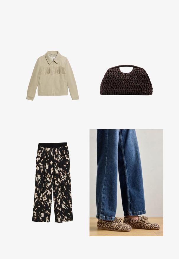 Beige suède jas met een kraag, een ritssluiting aan de voorkant, twee zijzakken en een franje-detail op de borst. Overal een gladde textuur.; Beige en zwart gestreepte geribbelde tanktop met een ronde hals, gecombineerd met een aangesloten zwarte leren rok met een rits aan de voorkant en riemdetails.; Wijdvallende broek van zwarte stof met een bruin en crèmekleurig abstract patroon. Elastische tailleband met plooien, gladde textuur.; Luipaardprint loafers van suede, met een ronde neus, vetersluiting en platte, flexibele zolen, gecombineerd met blauwe jeans.; Geweven bruin handtas met een ronde silhouet, voorzien van een bovenhandvat en een gestructureerde oppervlakte. Compact ontwerp met een platte basis voor stabiliteit.