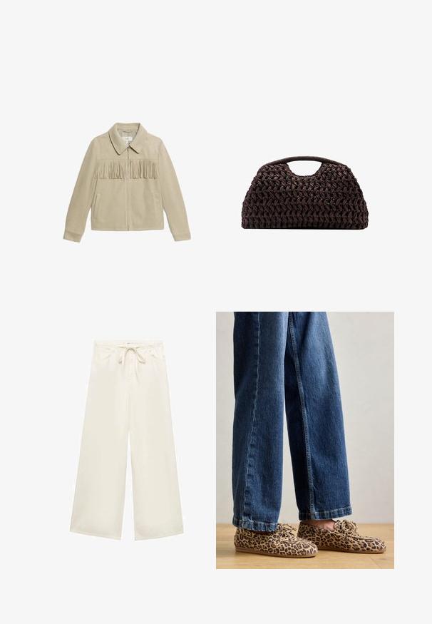 Beżowa suknia z zamszu z kołnierzem, zamkiem z przodu, dwoma kieszeniami po bokach i frędzlami na wysokości klatki piersiowej. Gładka faktura na całej powierzchni.; Beżowa i czarna paskowana ribbowa bluzka na ramiączkach z okrągłym dekoltem, połączona z dopasowaną czarną skórzaną spódnicą z zamkiem błyskawicznym z przodu i detalem w postaci paska.; Szerokie, kremowe spodnie wykonane z lekkiego materiału, z pasem ściąganym sznurkiem i przednimi kieszeniami. Gładka tekstura, prosty design.; Mokasyny w panterkę wykonane z zamszu, z okrągłym noskiem, sznurowanym zapięciem i płaską, elastyczną podeszwą, w zestawieniu z niebieskimi dżinsami.; Tkany brązowy torebka o zaokrąglonym kształcie, z górnym uchwytem i teksturowaną powierzchnią. Kompaktowy design z płaskim dnem zapewniającym stabilność.