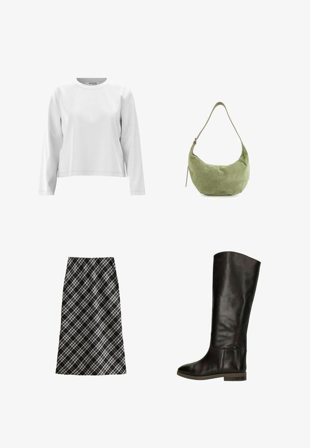 Beige suède jas met een kraag, een ritssluiting aan de voorkant, twee zijzakken en een franje-detail op de borst. Overal een gladde textuur.; Witte blouse met lange mouwen en een ronde halslijn, gemaakt van zachte stof, met minimale stikseldetails en een ontspannen pasvorm.; Zwart-witte geruite rok, half lang, A-lijn silhouet, gestructureerde stof, met kruislijnen en geometrische patronen door het geheel.; Bruine leren laarzen tot de knie met een gladde afwerking, ronde neus en een lage blokhak. Heeft een subtiele naaddetail langs de zijkant.; Groene suède hobo tas met een gebogen vorm, een verstelbare schouderband en een subtiele glans. Beschikt over een klein logo-detail aan de voorkant.