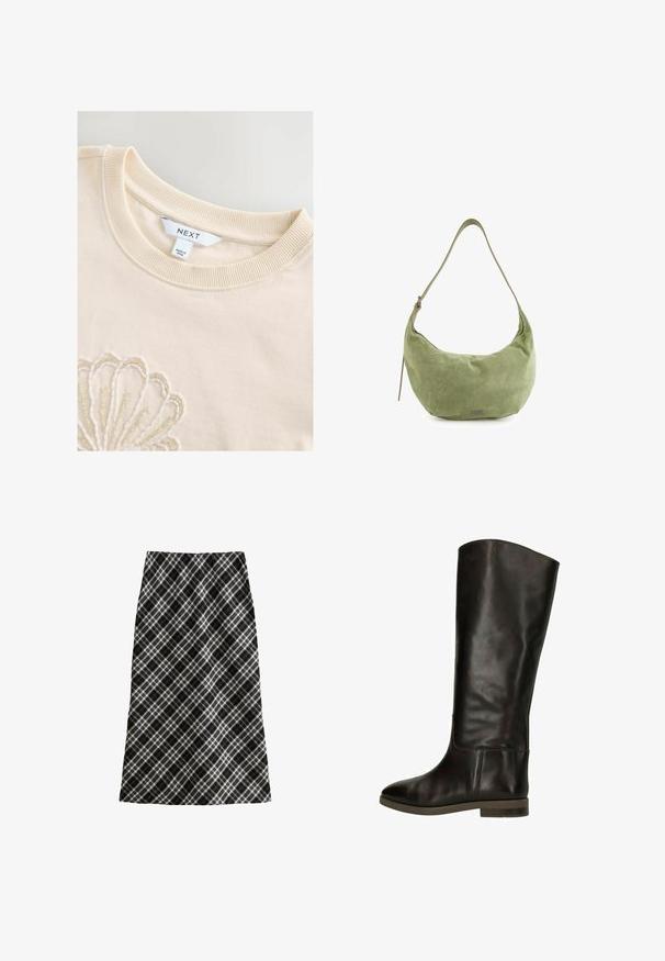 Veste en daim beige avec un col, fermeture éclair à l'avant, deux poches latérales et un détail à franges sur la poitrine. Texture lisse sur l'ensemble.; Sweat-shirt en coton couleur crème avec un col rond en rib et un motif de coquillage en perles délicates sur le devant. Étiquette de la marque visible.; Jupe à carreaux noir et blanc, mi-longue, silhouette en A, en tissu texturé, avec des lignes entrecroisées et des motifs géométriques sur toute la surface.; Botte en cuir marron jusqu'au genou avec une finition lisse, à bout rond et un petit talon bloc. Présente un détail de couture subtil le long du côté.; Sac hobo en daim vert avec une forme courbée, une bandoulière ajustable et un éclat subtil. Présente un petit logo sur le devant.