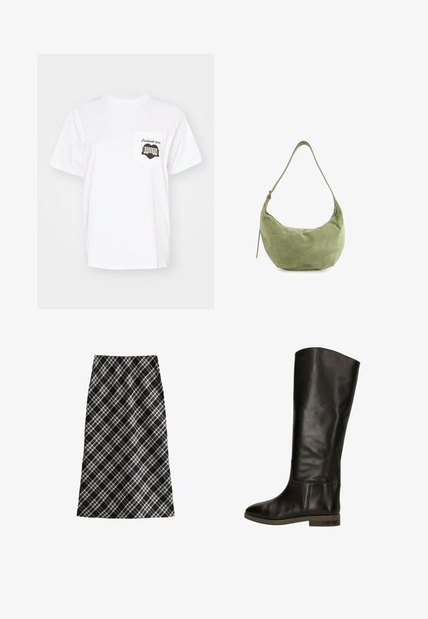 Beige suède jas met een kraag, een ritssluiting aan de voorkant, twee zijzakken en een franje-detail op de borst. Overal een gladde textuur.; Carhartt WIP HEART TRAIN POCKET - T-shirt print - white; Zwart-witte geruite rok, half lang, A-lijn silhouet, gestructureerde stof, met kruislijnen en geometrische patronen door het geheel.; Bruine leren laarzen tot de knie met een gladde afwerking, ronde neus en een lage blokhak. Heeft een subtiele naaddetail langs de zijkant.; Groene suède hobo tas met een gebogen vorm, een verstelbare schouderband en een subtiele glans. Beschikt over een klein logo-detail aan de voorkant.