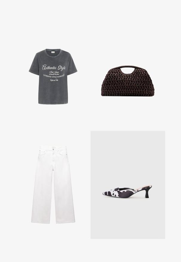 Beige suède jas met een kraag, een ritssluiting aan de voorkant, twee zijzakken en een franje-detail op de borst. Overal een gladde textuur.; Kaffe VIA - T-shirt print - black acid wash w chalk aop; Witte wijde jeans van katoen, met een hoge taille, vijf-pocket ontwerp en koperen hardware accenten. Glad, niet-gedistressed textuur.; Puntige slingbackhakken in zwart-wit koeienprintdesign. Bovenwerk van stof met een gestructureerde afwerking en een slanke zwarte hak.; Geweven bruin handtas met een ronde silhouet, voorzien van een bovenhandvat en een gestructureerde oppervlakte. Compact ontwerp met een platte basis voor stabiliteit.