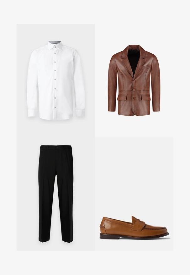 Brauner Lederblazer mit Reverskragen, drei Knöpfen, zwei Vorderständer und einer Brusttasche; glatte Textur und taillierte Form.; Schwarzer Rollkragenpullover aus weichem, geripptem Stoff. Figurbetontes Design mit langen Ärmeln und hohem Kragen. Minimalistischer Stil, keine sichtbaren Muster.; Weißes Hemd mit langen Ärmeln, Knopfleiste, spitzem Kragen und glatter Textur. Verfügt über sechs Knöpfe und geknöpfte Ärmel.; Schwarze Hosen aus glattem Stoff, mit geradem Schnitt, zwei vorderen Taschen und einem Reißverschluss mit Knopfverschluss.; Braune Lederlackschuhe mit flacher Sohle, abgerundetem Zehenbereich und dekorativer Stickerei. Enthält eine gestickte Verzierung über die Oberseite und eine glatte Oberfläche.
