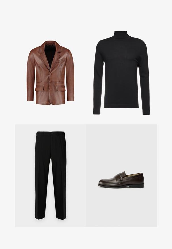 Brauner Lederblazer mit Reverskragen, drei Knöpfen, zwei Vorderständer und einer Brusttasche; glatte Textur und taillierte Form.; Schwarzer Rollkragenpullover aus weichem, geripptem Stoff. Figurbetontes Design mit langen Ärmeln und hohem Kragen. Minimalistischer Stil, keine sichtbaren Muster.; Schwarze Hosen aus glattem Stoff, mit geradem Schnitt, zwei vorderen Taschen und einem Reißverschluss mit Knopfverschluss.; Calvin Klein Slipper - cocoa brown