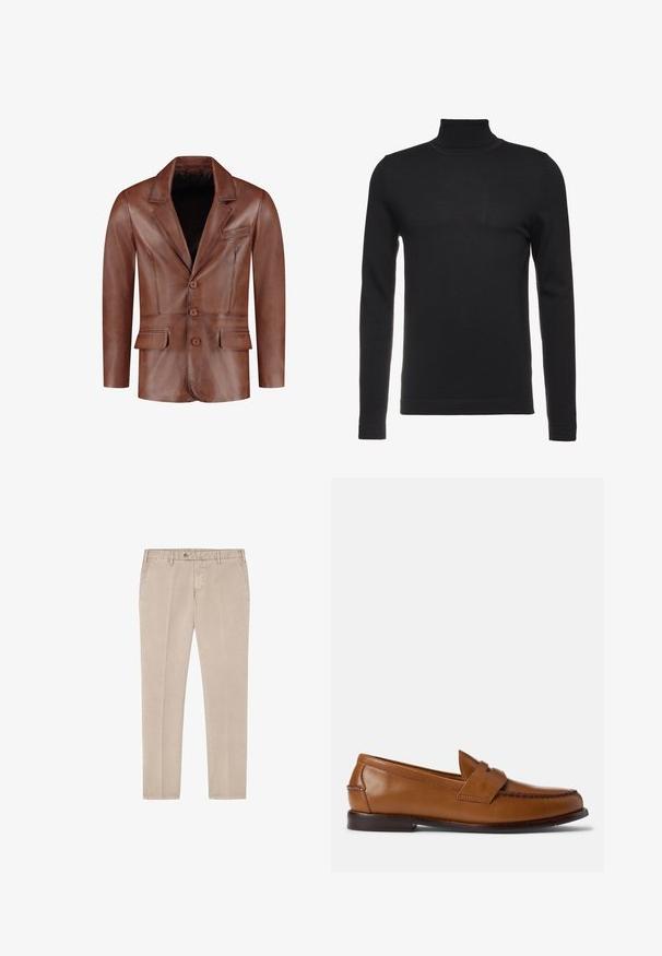 Bruine leren blazer met gesneden revers, drie knopen, twee zijzakken en een borstzak; gladde textuur en op maat gemaakt silhouet.; Zwarte coltrui gemaakt van zachte, ribbelige stof. Getailleerd ontwerp met lange mouwen en een hoge kraag. Minimalistische stijl, geen zichtbare patronen.; Beige katoenen broek met een recht model, voorzien van een knoopsluiting, riemlussen en schuine steekzakken aan de voorkant. Met een gladde textuur, zonder patronen.; Bruine leren instappers met een platte zool, ronde neus en decoratieve stiksels. Beschikt over een gestikt detail aan de bovenkant en een gladde afwerking.