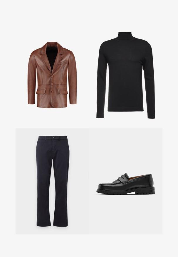 Brown leather blazer with notched lapels, three buttons, two front pockets, and a chest pocket; smooth texture and tailored shape.; Black turtleneck sweater made of soft, ribbed fabric. Fitted design with long sleeves and a high neck. Minimalist style, no visible patterns.; Dark navy straight-leg pants with belt loops and front button closure, displayed on a white background.; Black leather loafers feature a raised seam, two decorative straps on the upper, and a thick textured sole for added grip.