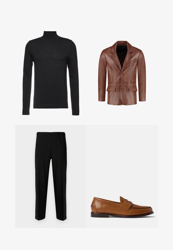 Blazer in pelle marrone con rever a punta, tre bottoni, due tasche frontali e una tasca sul petto; texture liscia e forma sartoriale.; Maglione a collo alto nero realizzato in morbido tessuto a coste. Design aderente con maniche lunghe e collo alto. Stile minimalista, senza motivi visibili.; Pantaloni neri realizzati in tessuto liscio, con una vestibilità dritta, due tasche frontali e una chiusura con zip e bottone.; Mocassini in pelle marrone con suola piatta, punta rotonda e cuciture decorative. Presentano un dettaglio cucito sulla parte superiore e una finitura liscia.