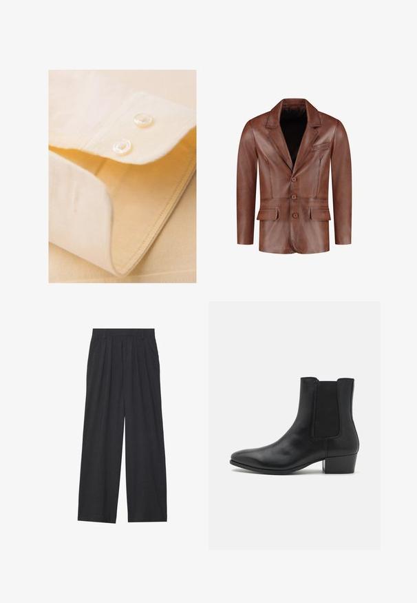 Brun læderblazer med slåede klaffer, tre knapper, to forreste lommer og en brystlomme; glat tekstur og skræddersyet form.; Lys gul skjortekrave med to hvide knapper, pænt foldet, med en glat tekstur og fine syninger.; Vidder bukser lavet af mørkegrå stof. Har folder ved taljen, et skræddersyet design og en lige silhuet.; Zign LEATHER - Støvletter - black