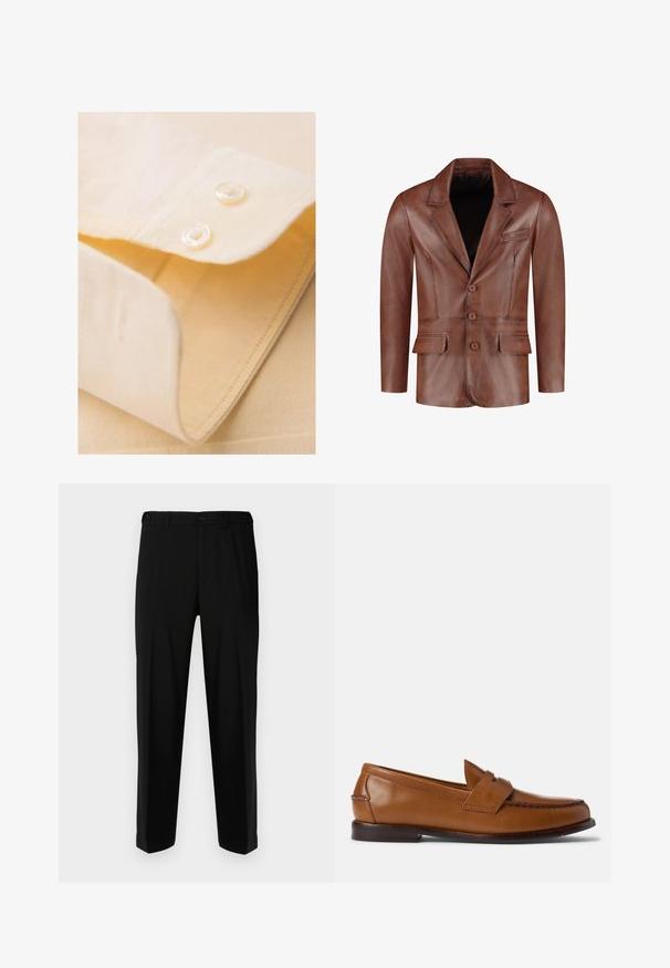 Bruine leren blazer met gesneden revers, drie knopen, twee zijzakken en een borstzak; gladde textuur en op maat gemaakt silhouet.; Lichtgele shirtkraag met twee witte knopen, netjes opgevouwen, met een soepele textuur en fijne stikseldetails.; Zwarte broek van gladde stof, met een rechte snit, twee voorzakken en een ritssluiting met knoopsluiting.; Bruine leren instappers met een platte zool, ronde neus en decoratieve stiksels. Beschikt over een gestikt detail aan de bovenkant en een gladde afwerking.