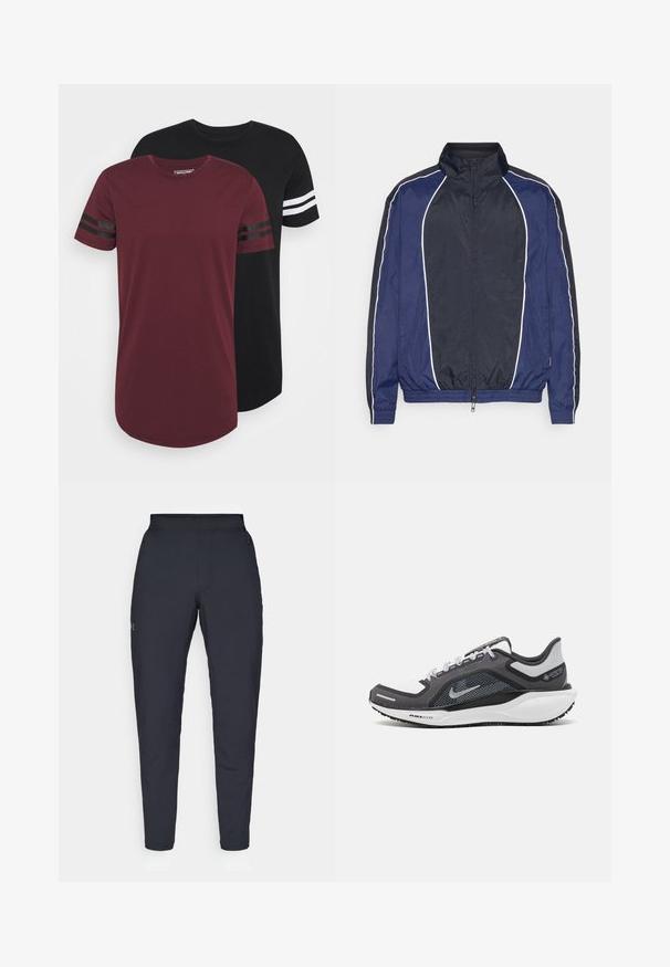 Mornarska vetrovka z belim trakcem, visokim ovratnikom, sprednjim zadrgo in elastičnimi manšetami. Ima gladko, lahkotno tkanino.; Dve majice s kružnim izrezom; ena je maroon z črnimi črtami na rokavih, druga pa črna z belimi črtami. Mehka tkanina, sproščen kroj, zaobljen rob.; Črne atletske hlače z gladko teksturo, ožjega kroja, elastičnim pasom in stranskimi žepi. Imajo majhen logotip na levem stegnu.; Črne in sive atletske čevlje z mrežasto zgornjim delom, odsevnimi detajli in belim srednjim podplatom. Imajo strukturiran gumijast podplat in vezalke.