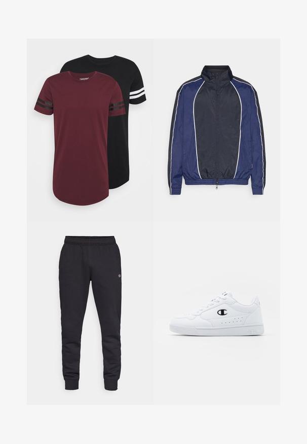 Marinblå vindjacka med vit piping, hög krage, blixtlås fram och elastiska ärmar. Har ett glatt, lätt tyg.; Två t-shirts med rund hals; en vinröd med svarta ränder på ärmarna, en svart med vita ränder. Mjuk tyg, avslappnad passform, rundad nederkant.; Svarta bomullssweatpants med elastisk midja och cuffs. Funktioner logotypdetalj på sidan. Slät textur, tapered design.; Vita atletiska sneakers med en slät syntetisk ovandel, svart logotypdetalj och perforerade detaljer på sidan. Gummisula.