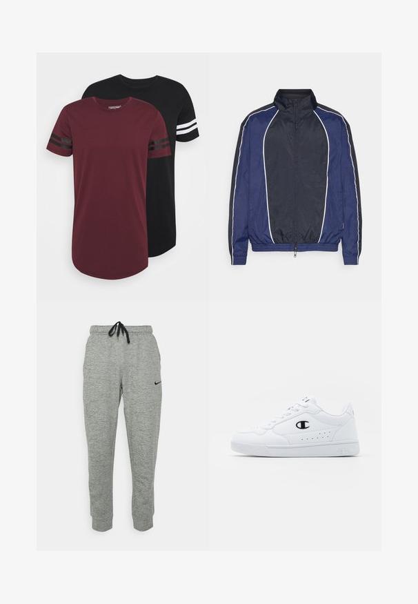 Navy windbreaker jacket with white piping, high collar, front zipper, and elastic cuffs. Features a smooth, lightweight fabric.; Two crew-neck t-shirts; one maroon with black stripes on sleeves, one black with white stripes. Soft fabric, casual fit, rounded hem.; Gray Nike sweatpants with a drawstring waistband, tapered leg, and black logo on the left side. Soft, textured fabric with a heather pattern.; White athletic sneakers with a smooth synthetic upper, black logo accent, and perforated detailing on the side. Rubber sole.