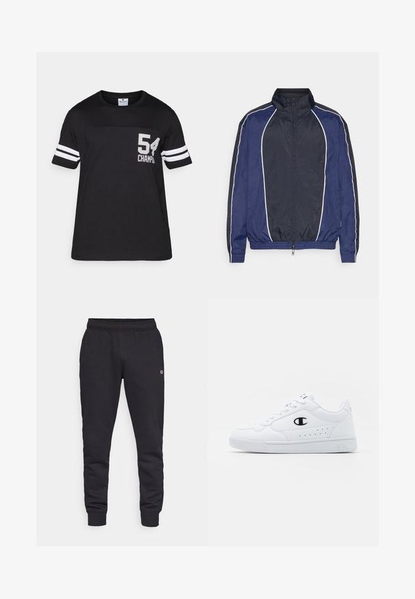 Jūros pajėgų vėjo nepraleidžianti striukė su baltais apvadais, aukštu kaklu, priekiniais užtrauktukais ir elastinėmis rankogaliais. Pagaminta iš sklandžios, lengvos medžiagos.; Juodas medvilninis marškinėliai su apvali apykakle, su baltomis juostelėmis ant rankovių ir numeriu "54" bei "CHAMPION" atspausdintu pilkai.; Juodi medvilniniai sportiniai džinsai su elasticiniu juosmeniu ir rankogaliais. Šone yra logotipo detalė. Lygus tekstūras, siaurėjanti forma.; Baltos sportinės kedai su lygiu sintetinės medžiagos viršumi, juodu logotipo akcentu ir perforuotomis detalėmis šonuose. Gumos padas.