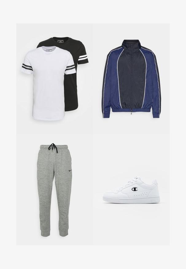 Granatowa kurtka przeciwwiatrowa z białymi zdobieniami, wysokim kołnierzem, zamkiem błyskawicznym z przodu i elastycznymi mankietami. Wykonana z gładkiego, lekkiego materiału.; Dwie koszulki z okrągłym dekoltem, jedna biała w czarne paski na rękawach, a druga czarna w białe paski, wykonane z miękkiej bawełny.; Szare dresy Nike z elastycznym pasem na sznurek, zwężającymi się nogawkami i czarnym logo po lewej stronie. Miękka, teksturowana tkanina w melanżowym wzorze.; Białe sportowe sneakersy z gładką syntetyczną cholewką, czarnym akcentem logo i perforowanymi detalami po boku. Gumowa podeszwa.
