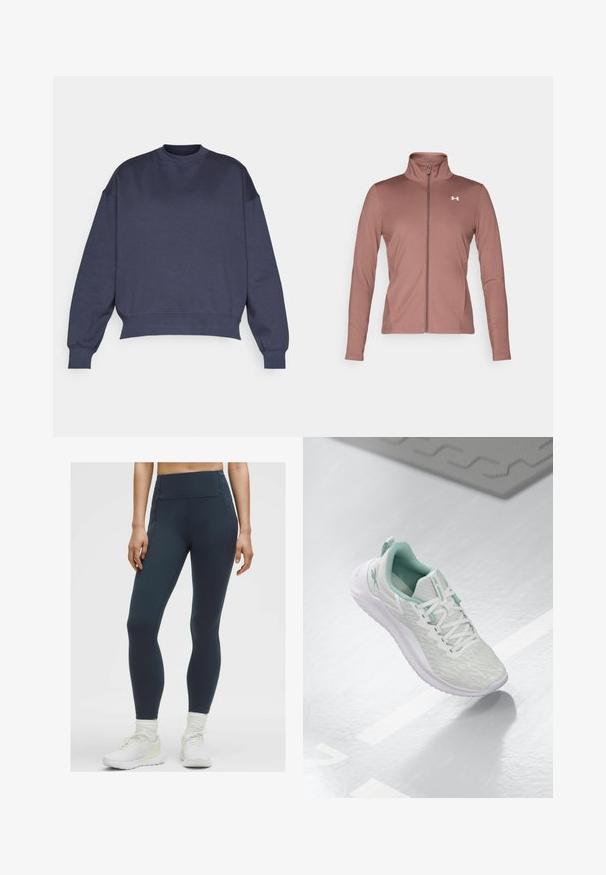 Marlová dlhá bunda s dlhým rukávom, úzky strih, vysoký golier, plný zips a bielym logom na hrudi. Mäkka, hladká tkanina.; Tmavomodrá mikina so okrúhlym výstrihom, spustenými ramenami a rebrovanými manžetami. Vyrobená z mäkkej, textúrovanej látky s uvoľneným strihom.; Svetlomodré legíny s vysokým pásom vyrobené z elastického, hladkého materiálu s plochými švami a bez viditeľných vreciek, skombinované s bielymi športovými topánkami.; Svetlošedé športové topánky s štruktúrovaným pleteným zvrškom, mätozelenými akcentmi, bielymi šnúrkami, gumovou podrážkou a pútkom na päte.