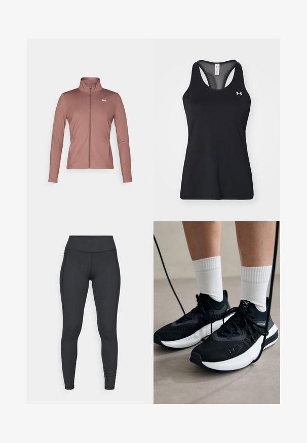 Marl-farvet langærmet jakke med slim fit, høj krave, fuld lynlås og hvidt logo på brystet. Blødt, glat stof.; Sort atletisk tanktop med struktureret stof, racerback-design og diskret logo-detajle på brystet. Letvægts- og åndbart materiale.; Sorte leggings lavet af strækbart materiale, med høj talje, slankt design og stribede accenter nær anklen.; Sorte sportssko med tekstureret stof, hvid sål og sorte snørebånd. Båret med hvide ribbede sokker, stående på en lys overflade.