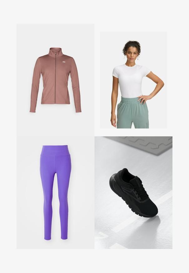 Marlfarbener Langarm-Jacke mit slim Fit, hohem Kragen, durchgehendem Reißverschluss und weißem Logo auf der Brust. Weicher, glatter Stoff.; Weißes, körpernahes T-Shirt mit kurzen Ärmeln, kombiniert mit hellgrünen Hosen mit elastischem Bund. Glatte Textur, minimalistisches Design und keine sichtbaren Muster.; Girlfriend Collective COMPRESSIVE HIGH RISE LEGGING LONG - Tights - wild iris; Schwarzer Sportschuh mit einem Obermaterial aus Mesh, runder Zehenpartie, gepolsterter Sohle und strukturierten Akzenten, platziert auf einer glatten weißen Oberfläche.