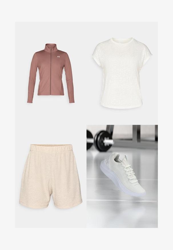 Marlkleurige langemouwenjas met een slim fit, hoge kraag, volledige rits en wit logo op de borst. Zacht, glad materiaal.; Witte t-shirt met korte mouwen, voorzien van een textuur met bloemenpatroon, ronde halslijn en een ontspannen pasvorm. Gemaakt van zachte, lichte stof.; Beige, textuurshorts met een elastische tailleband. Heeft subtiele verticale strepen en een relaxte, rechte snit. Geen zakken.; Witte sport sneaker met een gestructureerde mesh bovenkant en vetersysteem, voorzien van een gewatteerde witte zool en subtiele ribbelaccenten.