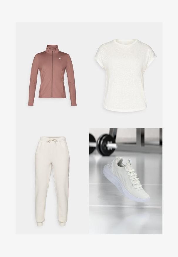 Marlkleurige langemouwenjas met een slim fit, hoge kraag, volledige rits en wit logo op de borst. Zacht, glad materiaal.; Witte t-shirt met korte mouwen, voorzien van een textuur met bloemenpatroon, ronde halslijn en een ontspannen pasvorm. Gemaakt van zachte, lichte stof.; Lichtbeige sweatpants van zachte stof, met een elastische tailleband met trekkoord, zijzakken en taps toelopende boorden bij de enkels.; Witte sport sneaker met een gestructureerde mesh bovenkant en vetersysteem, voorzien van een gewatteerde witte zool en subtiele ribbelaccenten.