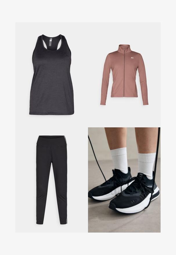 Pilkšvai mėlynas ilgas rankovėmis švarkas su siauru sijonu, aukštu apykakle, pilna užtrauktuku ir baltu logotipu ant krūtinės. Minkšta, lygi medžiaga.; ONLY Play ONPCORE LIFE ON - Viršus - black; Juodos tamprės pagamintos iš elastingos medžiagos. Aukštas juosmuo, siaurėjantis fasonas, turi baltus šoninius raštus palei išorinius siūlus. Lygus paviršius.; Juodi sportiniai batai su tekstūruotu audiniu, balta padu ir juodais raiščiais. Dėvimi su baltais raištiniais kojiniais, stovint lengvame paviršiuje.