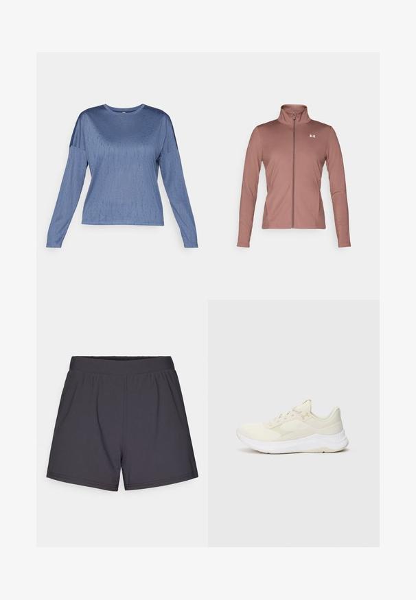 Marl-värvi pikade varrukatega jope, millel on kitsas lõige, kõrge krae, täispikk viisard ja valge logo rinnanoola. Pehme ja sile kangas.; Pikkade varrukatega sinine topp, millel on sile tekstuur, ümar kaelus ja veidi langevad õlavarreosad. Peen muster lisab visuaalset huvi.; Mustad mustriteta lühikesed spordipüksid, mis on valmistatud kergest ja venivast kangast. Omavad elastset vööd ja lihtsat, kaunistusteta disaini.; Heled värvusega sportlikud kingad, mis on valmistatud võrgust ja sünteetilisest materjalist, kareda ülaservaga, pehme tallaga ja diskreetse brändimisega.