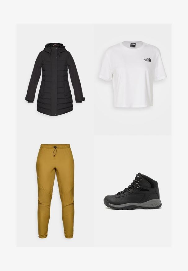 Melns pūkains mētelis ar kapuci, ar rāvējslēdzēju un pogu aizdari, sānu kabatām, ribotām detaļām un gariem piedurknēm, izstrādāts siltumam.; Balts īsais krekls izgatavots no kokvilnas ar apaļu kakla izgriezumu un īsām piedurknēm. Uz kreisā krūšu laukuma atrodas melns logos.; Vieglie, sinepju krāsas bikses, izgatavotas no sintētiskā auduma, ar elastīgu jostu un sašaurinātiem kājiem, kas aprīkoti ar paneļu detaļām.; Melni pārgājienu zābaki ar vidēju augstumu, ar teksturētu augšdaļu, pelēkiem akcentiem un izturīgu gumijas zoli ar saķeres izvirzījumiem.