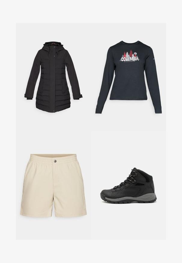 Zwarte pufferjas met een capuchon, rits- en knoopsluiting, zijzakken, geribbelde accenten en lange mouwen, ontworpen voor warmte.; Langsluitend donkergrijs shirt met lange mouwen, versierd met een grafisch ontwerp van rode bomen en bergen; het "COLUMBIA"-logo in vet witte tekst. Zacht materiaal, standaard ronde hals.; Beige korte broek gemaakt van lichtgewicht stof, met een elastische tailleband, voorzakken en een enkele drukknoopsluiting, met een gladde textuur.; Zwarte wandelschoen met een mid-top ontwerp, voorzien van een gestructureerde bovenkant, grijze accenten en een duurzame rubberen zool met gripnoppen.