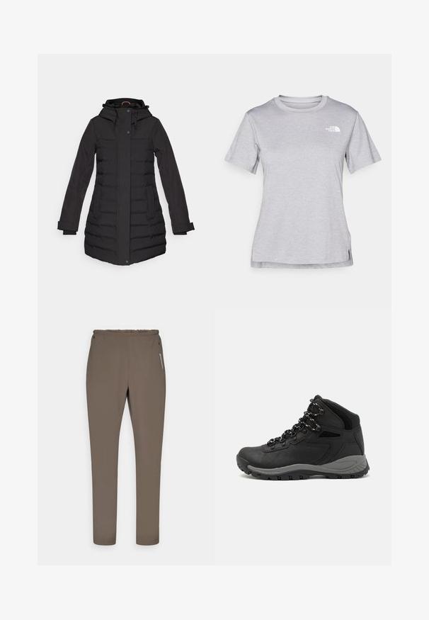 Black puffer coat with a hood, zip and button closure, side pockets, ribbed accents, and long sleeves, designed for warmth.; Grey short-sleeve t-shirt made of soft, moisture-wicking fabric. Features a crew neck and a small white logo on the upper left.; Brown athletic pants with an elastic waistband, two side pockets, and a slim fit design. Made from soft, lightweight fabric.; Black hiking boot with a mid-top design, featuring a textured upper, gray accents, and durable rubber sole with traction lugs.