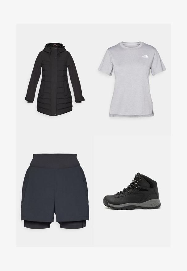 Black puffer coat with a hood, zip and button closure, side pockets, ribbed accents, and long sleeves, designed for warmth.; Grey short-sleeve t-shirt made of soft, moisture-wicking fabric. Features a crew neck and a small white logo on the upper left.; Black athletic shorts with a wide waistband, featuring a layered design and inner shorts. Smooth texture and lightweight fabric.; Black hiking boot with a mid-top design, featuring a textured upper, gray accents, and durable rubber sole with traction lugs.