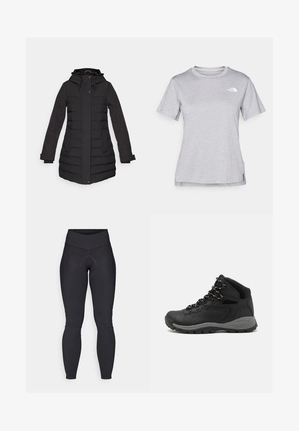 Casaco puffer preto com capuz, fecho de zíper e botão, bolsos laterais, detalhes canelados e mangas longas, projetado para conforto térmico.; T-shirt cinza de mangas curtas feito de um tecido suave e que absorve a humidade. Apresenta um decote redondo e um pequeno logotipo branco na parte superior esquerda.; Leggings pretos com uma cintura alta, apresentando um design de contorno, tecido que afasta a humidade e costuras planas para conforto.; Bota de caminhada preta com design de cano médio, apresentando um upper texturizado, detalhes cinzentos e sola de borracha durável com cravos de tração.