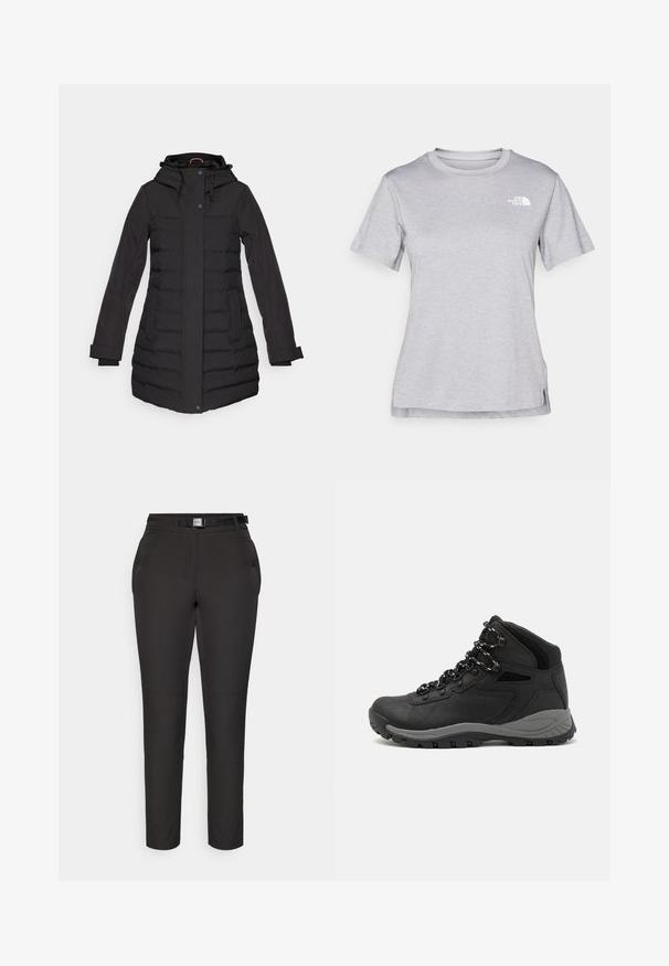 Svart puffjacka med huva, dragkedja och knappstängning, sidofickor, ribbade detaljer och långa ärmar, designad för värme.; Grå kortärmad t-shirt i mjukt, fuktavledande tyg. Har en rund halsringning och en liten vit logotyp på övre vänstra sidan.; Svarta byxor gjorda av ett elastiskt tyg med en slät textur. Har ett midjeband med ett bälte och sidofickor. Skräddarsydd passform, avsmalnande ben.; Svart vandringskänga med mellanhög design, som har en texturerad överdel, grå accenter och en slitstark gummisula med greppklackar.