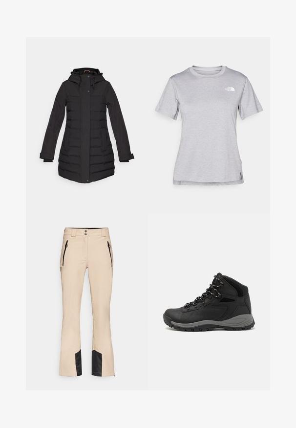 Zwarte pufferjas met een capuchon, rits- en knoopsluiting, zijzakken, geribbelde accenten en lange mouwen, ontworpen voor warmte.; Grijze T-shirt met korte mouwen, gemaakt van zachte, vochtabsorberende stof. Heeft een ronde hals en een klein wit logo op de bovenste linkerzijde.; Beige skibroek met een ribbeltextuur, voorzien van twee ritszakken aan de zijkant, zwarte accenten bij de boorden en een dubbele knoopsluiting aan de taille.; Zwarte wandelschoen met een mid-top ontwerp, voorzien van een gestructureerde bovenkant, grijze accenten en een duurzame rubberen zool met gripnoppen.