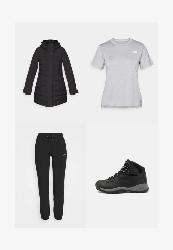 Juodas pūkinis švarkas su gobtuvu, užtrauktuku ir segtuku, šoninėmis kišenėmis, raukiniais ir ilgomis rankovėmis, sukurtas šilumai.; Pilkas trumpomis rankovėmis marškinėliai, pagaminti iš minkštos, drėgmę sugeriančios medžiagos. Turi apvalią iškirptę ir mažą baltą logotipą viršutiniame kairiajame kampe.; Juodos jogger kelnės su elastine juosta ir raišteliu, turinčios siaurėjančius šlaunių ilgis ir elastines rankoves. Pagamintos iš lygios, lengvos medžiagos.; Juodas žygio botas su vidutinio aukščio dizainu, pasižymintis tekstūruota viršutine dalimi, pilkų akcentų ir patvaria guma padanga su sukibimo gumbais.