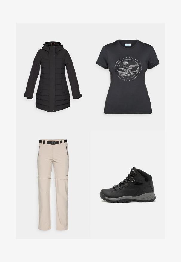 Melns pūkains mētelis ar kapuci, ar rāvējslēdzēju un pogu aizdari, sānu kabatām, ribotām detaļām un gariem piedurknēm, izstrādāts siltumam.; Melnā Columbia T-kreklā ar baltu apļa kalnu un upes kontūru mākslu, kā arī tekstu "Columbia Sportswear Company Outside Since 1938."; Beige āra bikses, izgatavotas no viegla auduma, ar noņemamu kāju dizainu, regulējamu jostu un divām rāvējslēdzēja sānu kabatām.; Melni pārgājienu zābaki ar vidēju augstumu, ar teksturētu augšdaļu, pelēkiem akcentiem un izturīgu gumijas zoli ar saķeres izvirzījumiem.