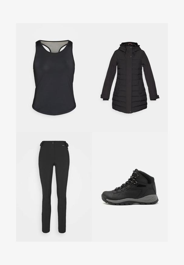 Fekete pufi kabát, kapucnival, cipzáros és gombos záródással, oldalsó zsebekkel, bordázott részletekkel és hosszú ujjakkal, a meleg ígérete érdekében tervezve.; Fekete sportos tank top, lekerekített aljjal, versenyhátsó kialakítással és sima, rugalmas anyagból. Diszkrét logó található az alsó oldalán.; Fekete, testhezálló nadrág rugalmas anyagból. Jellemzők: cipzáras oldalzseb, artikulált térdek és sima felület.; Fekete túracipő közepes magasságú kialakítással, texturált felsőrésszel, szürke részletekkel és strapabíró gumitalppal, amelynek tapadós kiemelkedései vannak.