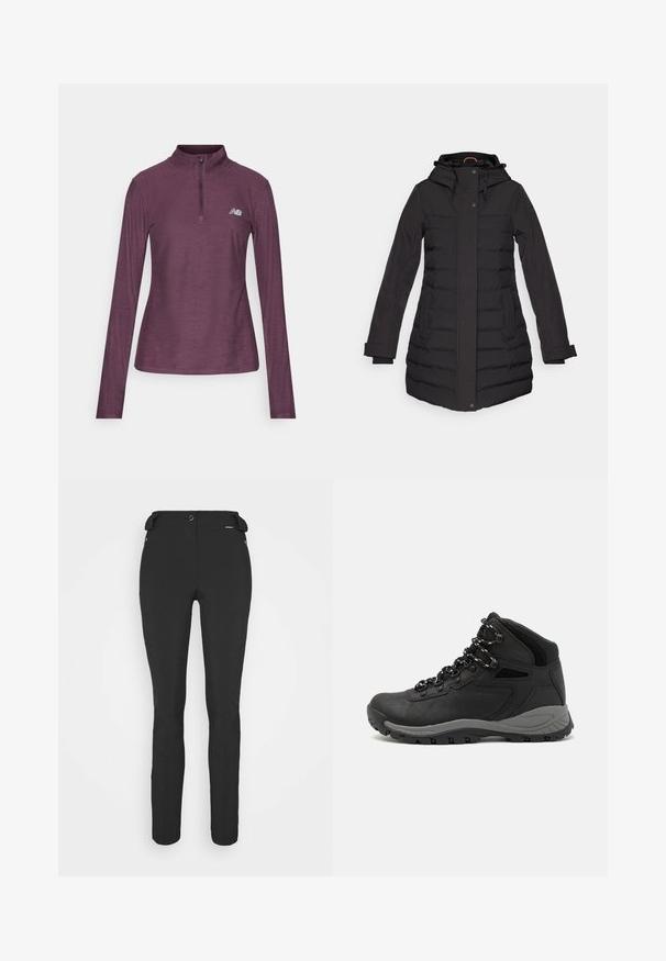 Mustmustama must coat kapuutsiga, lukuga ja nööbiga kinnitamine, küljetaskud, soonikdetailid ja pikad varrukad, mõeldud soojuse säilitamiseks.; New Balance SPORT ESSENTIALS SPACE DYE QUARTER ZIP - Pikkade varrukatega topp - plum/brown heather; Mustad, hästi istuvad püksid, mis on valmistatud paindlikust materjalist. Omadusteks on lukuga küljetasku, artikeeritud põlved ja sile pind.; Mustarjaline matkasaabas, millel on keskmine disain, tekstuuriga ülemine osa, hallid aktsendid ja vastupidav kummist põhi, millel on haardelugesid.