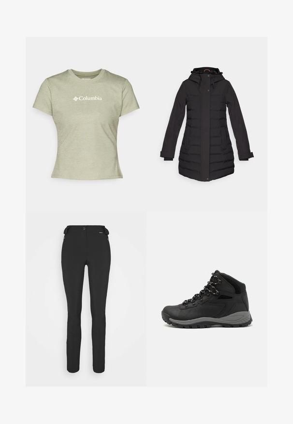 Casaco puffer preto com capuz, fecho de zíper e botão, bolsos laterais, detalhes canelados e mangas longas, projetado para conforto térmico.; T-shirt verde-claro de manga curta feito de tecido canelado, com o logótipo branco "Columbia" na parte da frente. Gola redonda simples.; Calças pretas, ajustadas, feitas de um material flexível. As características incluem um bolso lateral com fecho éclair, joelhos articulados e uma textura suave.; Bota de caminhada preta com design de cano médio, apresentando um upper texturizado, detalhes cinzentos e sola de borracha durável com cravos de tração.