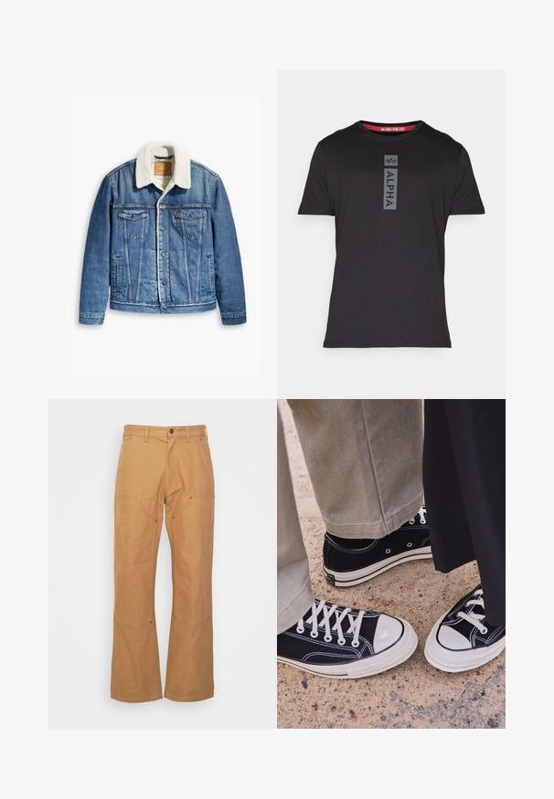 Világos kék farmerdzseki, gyapjúbéléses gallérral, két mellzsebbel, gombos elülső záródással és kontrasztos varrással.; Fekete, rövid ujjú póló sima anyagból, elöl függőleges "ALPHA" felirattal szürke színben, a nyakrészen piros kiegészítéssel.; Többször használható, tartós anyagból készült homokszínű cargo nadrág, oldalsó zsebekkel, fém díszítőelemekkel, egyenes szabással és normál derékkal.; Fekete vászon sportcipők fehér gumi orral és fűzőkkel. A kontrasztos varrás és fém fűzőlyukak részletet adnak. Bézs nadrággal és fekete anyaggal hordva.