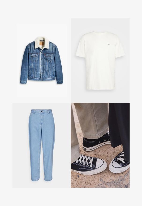 Džinsi jaka ar gaiši zilas krāsas, vilnas oderēts apkaklis, divas krūšu kabatas, pogu aizdare priekšpusē un kontrastējoša šuvuma detaļas.; Balta kokvilnas t-krekls ar apaļu izgriezumu, īsām piedurknēm un mazu melnu "W.W." logotipu kreisajā krūtī. Gluda tekstūra, regulāra piegrieznes.; Gaiši zila džinsu auduma bikses ar brīvu piegriezumu, augstu jostasvietu un taisnām kājām. Iekļauj priekšējās kabatas un metāla pogu aizdari.; Melni kanvas sporta apavi ar baltām gumijas pirkstgaliem un auklēm. Kontrastējoša dūkošana un metāla acu caurumi piešķir akcentus. Valkāti ar beidžu krāsas biksēm un melnu audumu.