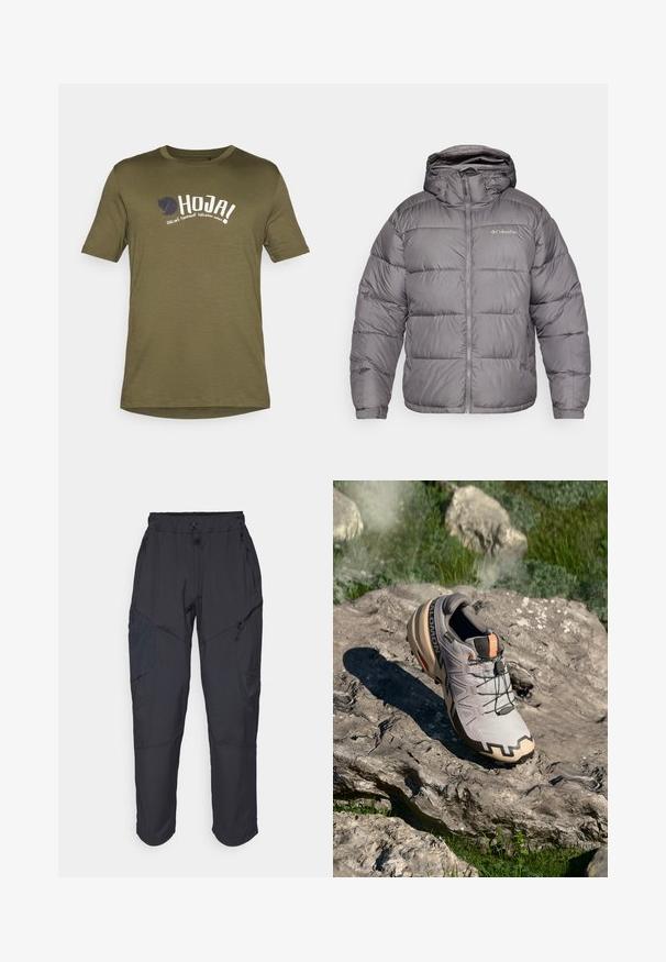 Šedá péřová bunda s kapucí, se zipem vpředu a bočními kapsami. Tkanina je hladká s prošívaným vzorem a měkkou podšívkou.; Olivově zelené bavlněné tričko, kulatý výstřih, krátké rukávy, s bílým a námořnickým potiskem textu a logem na přední straně. Lehce prodyšný materiál.; Černé cargo kalhoty vyrobené z lehkého, voděodolného materiálu; mají elastický pas, několik kapes na zip a zúžené nohavice.; Světlé šedé trailové běžecké boty s béžovými akcenty, texturovaný svršek, černé šněrování a výrazný vzorek na podrážce. Obsahuje logo značky.