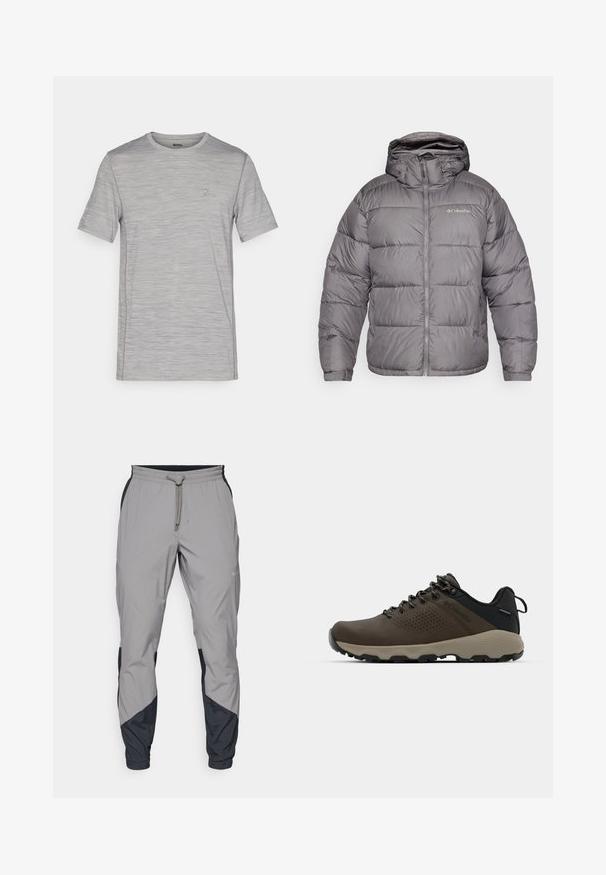 Gray puffer jacket with a hood, featuring a front zipper and side pockets. The fabric is smooth with a quilted pattern and soft lining.; Gray heathered short-sleeve t-shirt with a round neckline, textured fabric, and a small logo accent on the chest. Lightweight design.; Lightweight, gray athletic pants with black accents. Elastic waistband, drawstring closure, tapered leg design, and side pockets.; Brown waterproof sneakers with a textured upper, perforated accents, black heel support, and a grey rubber sole. Laces are styled with metallic ends.