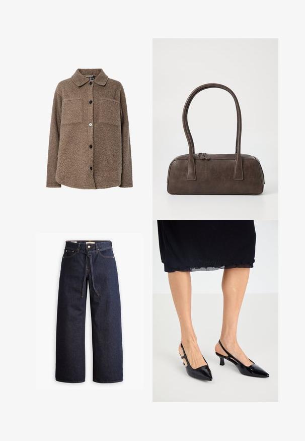 Brązowa, puszysta kurtka polarowa z kołnierzem, dwiema kieszeniami na piersi i zapięciem na guziki z przodu. Posiada teksturowaną powierzchnię i ciemne guziki.; Czarny prążkowany sweter z długim rękawem, okrągłym dekoltem i dopasowaną sylwetką, o gładkiej fakturze na całej powierzchni.; Spodnie dżinsowe w kolorze ciemnoniebieskim o szerokich nogawkach i wysokim stanie, z wiązaniem na sznurki, pięcioma kieszeniami oraz kontrastowymi detalami w staszcu.; Czarne lakierowane szpilki typu slingback z ostrym czubkiem, obcasem typu kitten oraz wycięciami po bokach. Gładka tekstura o błyszczącym wykończeniu.; Brązowa skórzana torebka na ramię z dwoma solidnymi uchwytami, prostokątny kształt, gładka faktura i zamek błyskawiczny. Minimalistyczny design bez widocznych wzorów.