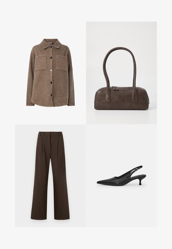 Ruskea, pörröinen fleece-takki, jossa on kaulus, kaksi rintataskua ja etunappikiinnitys. Siinä on teksturoitu pinta ja tummat napit.; Musta, ribbineulottu pitkähihainen neule, jossa on pyöreä pääntie ja istuva siluetti; neuleen pinta on sileä ja yhtenäinen.; Ruskeat leveälahkeiset housut, joissa korkea vyötärö ja edessä laskokset. Housut on valmistettu sileästä kankaasta ilman näkyviä kuvioita tai koristeita.; Mustan nahkainen slingback-kengät, joissa on terävä nenä ja kapea, kaareva korko. Varustettu huomaamattomalla säädettävällä hihnalla, jossa on metallinen solki.; Ruskea nahkalaukku, jossa on kaksi tukevasti kantavaa kahvaa, suorakaiteen muotoinen, sileä pinta ja vetoketjukiinnitys. Minimalistinen muotoilu ilman näkyviä kuvioita.